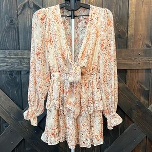 Luxxel Floral Boho Ruffle Dress S Balloon Sleeve Chiffon Cottagecore Tie Cut Out